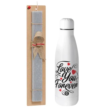Love you forever, Πασχαλινή Λαμπάδα με μεταλλικό παγούρι θερμός ανοξείδωτο (500ml) & κερί αρωματικό πλακέ (30cm) (ΓΚΡΙ)