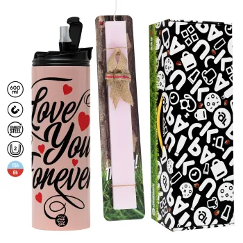 Love you forever, Πασχαλινή Λαμπάδα με  ΡΟΖ Travel Tumbler θερμό (600ml, BPA free) & κερί αρωματικό πλακέ (30cm) (ΡΟΖ)