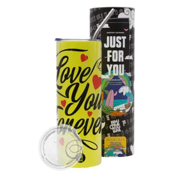 Love you forever, Neon Yellow Travel Tumbler θερμό, μεταλλικό καλαμάκι(Ανωξείδωτο 304 Food grade, BPA free, 600ml)
