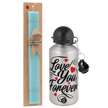 Love you forever, Easter Set, metallic silver aluminum water bottle (500ml) & scented flat Easter candle (30cm) (TURQUOISE)