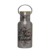 Stainless steel metallic thermos flask, silver with a bamboo lid, double-walled, 350ml.