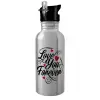 Water bottle Silver with straw, stainless steel 600ml