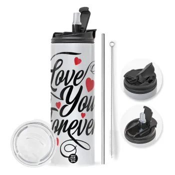 Love you forever, Travel Tumbler θερμό με διπλό καπάκι, μεταλλικό καλαμάκι και βούρτσα καθαρισμού (Ανωξείδωτο 304 Food grade, BPA free, 600ml)