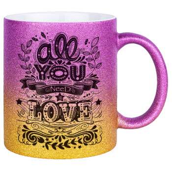 All you need is love, Κούπα Χρυσή/Ροζ Glitter, κεραμική, 330ml