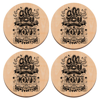 All you need is love, ΣΕΤ x4 Σουβέρ ξύλινα στρογγυλά plywood (9cm)