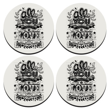 All you need is love, SET of 4 round wooden coasters (9cm)