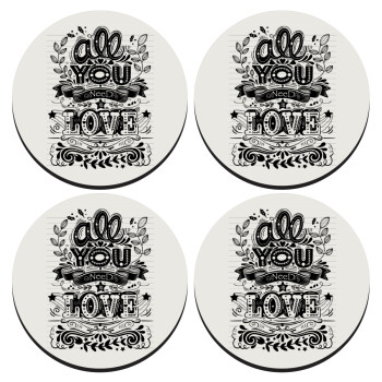 All you need is love, SET of 4 round wooden coasters (9cm)