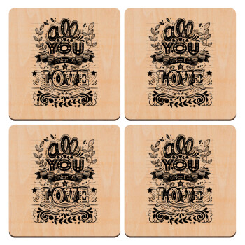 All you need is love, ΣΕΤ x4 Σουβέρ ξύλινα τετράγωνα plywood (9cm)