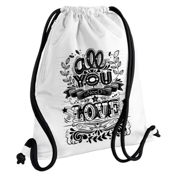 All you need is love, Backpack pouch GYMBAG white, with pocket (40x48cm) & thick cords