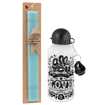 All you need is love, Easter Set, metallic aluminum water bottle (500ml) & scented flat candle (30cm) (TURQUOISE)