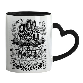 All you need is love, Κούπα καρδιά χερούλι μαύρη, κεραμική, 330ml
