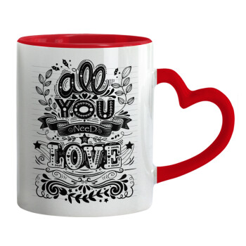 All you need is love, Mug heart red handle, ceramic, 330ml