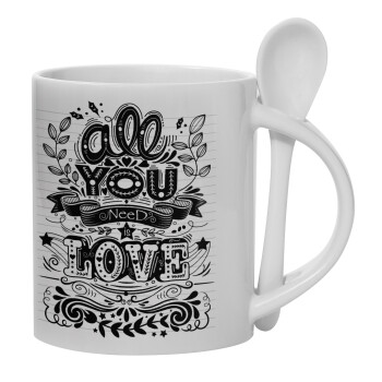 All you need is love, Ceramic coffee mug with Spoon, 330ml (1pcs)