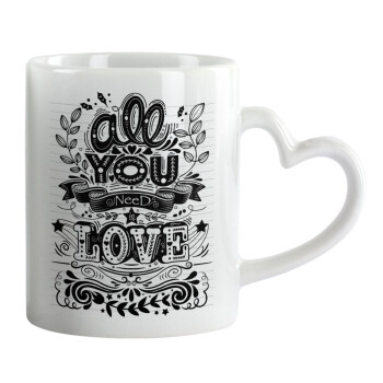 All you need is love, Mug heart handle, ceramic, 330ml