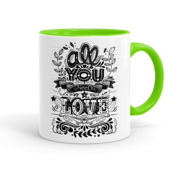 All you need is love, Mug colored light green, ceramic, 330ml