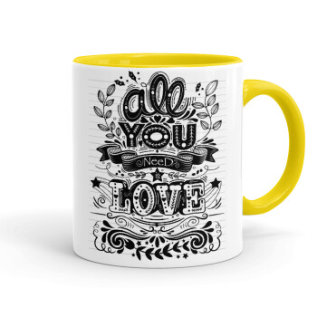 All you need is love, Mug colored yellow, ceramic, 330ml
