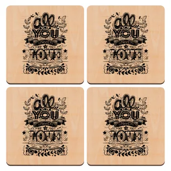 All you need is love, ΣΕΤ x4 Σουβέρ ξύλινα τετράγωνα plywood (9cm)