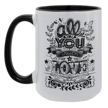 All you need is love, Κούπα Mega 15oz, κεραμική Μαύρη, 450ml