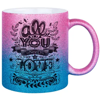 All you need is love, Κούπα Χρυσή/Μπλε Glitter, κεραμική, 330ml