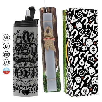 All you need is love, Πασχαλινή Λαμπάδα με Travel Tumbler θερμό (600ml, BPA free) & κερί αρωματικό πλακέ (30cm) (ΓΚΡΙ)