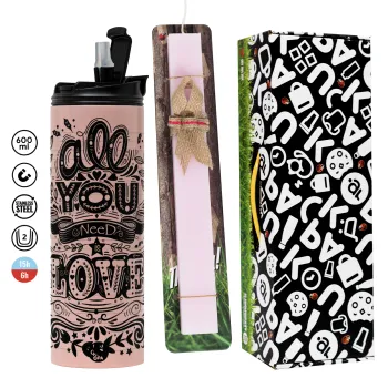 All you need is love, Πασχαλινή Λαμπάδα με  ΡΟΖ Travel Tumbler θερμό (600ml, BPA free) & κερί αρωματικό πλακέ (30cm) (ΡΟΖ)