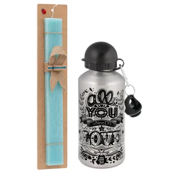 All you need is love, Easter Set, metallic silver aluminum water bottle (500ml) & scented flat Easter candle (30cm) (TURQUOISE)