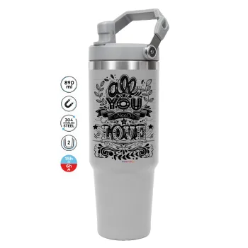 All you need is love, GREY color, 890ml (30oz) stainless Steel Tumbler with Handle