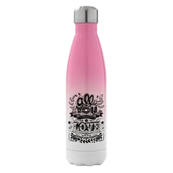 All you need is love, Metal mug thermos Pink/White (Stainless steel), double wall, 500ml