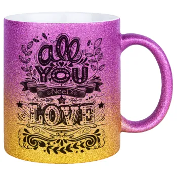 All you need is love, Κούπα Χρυσή/Ροζ Glitter, κεραμική, 330ml