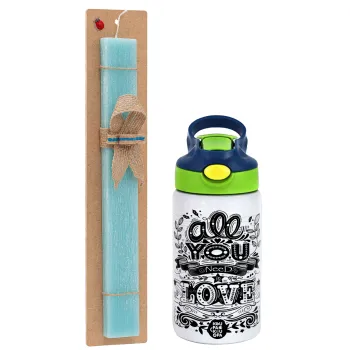 All you need is love, Easter Set, Children's thermal stainless steel bottle with safety straw, green/blue (350ml) & aromatic flat Easter candle (30cm) (TURQUOISE)