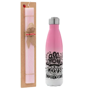 All you need is love, Easter Set, Metallic pink/white (Stainless steel) thermos, double-walled, 500ml & aromatic flat Easter candle (30cm) (PINK)