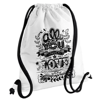 All you need is love, Backpack pouch GYMBAG white, with pocket (40x48cm) & thick cords