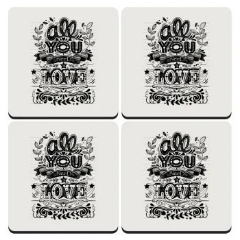 All you need is love, ΣΕΤ 4 Σουβέρ ξύλινα τετράγωνα (9cm)