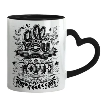 All you need is love, Κούπα καρδιά χερούλι μαύρη, κεραμική, 330ml