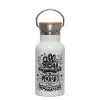 Metallic thermos (Stainless steel) White with wooden lid (bamboo), double-walled, 350ml