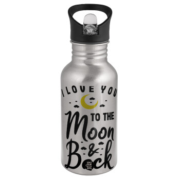 I love you to the moon and back, Water bottle Silver with straw, stainless steel 500ml