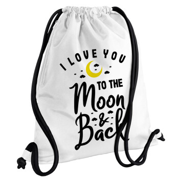 I love you to the moon and back, Backpack pouch GYMBAG white, with pocket (40x48cm) & thick cords
