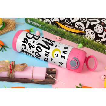 I love you to the moon and back, Πασχαλινή Λαμπάδα με Παιδικό παγούρι θερμό, ανοξείδωτο, με καλαμάκι ασφαλείας, ΡΟΖ (500ml)