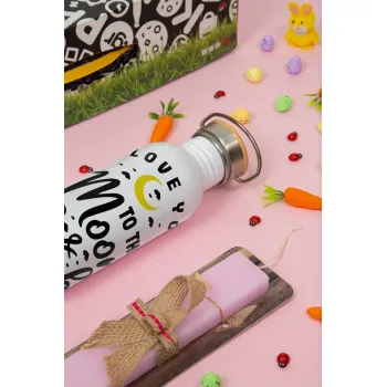 I love you to the moon and back, Πασχαλινή Λαμπάδα με παγούρι μεταλλικό (620ml, stainless steel) & κερί αρωματικό πλακέ (30cm) (ΡΟΖ)