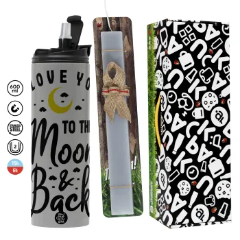 I love you to the moon and back, Πασχαλινή Λαμπάδα με Travel Tumbler θερμό (600ml, BPA free) & κερί αρωματικό πλακέ (30cm) (ΓΚΡΙ)