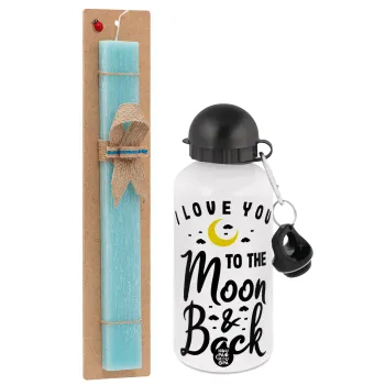I love you to the moon and back, Easter Set, metallic aluminum water bottle (500ml) & scented flat candle (30cm) (TURQUOISE)