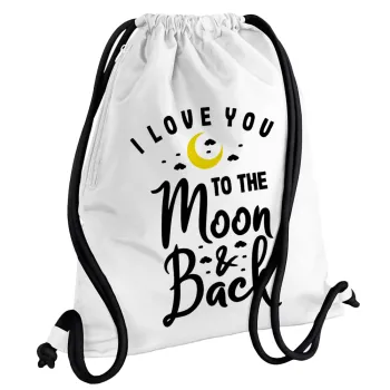 I love you to the moon and back, Backpack pouch GYMBAG white, with pocket (40x48cm) & thick cords