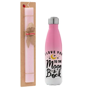 I love you to the moon and back, Easter Set, Metallic pink/white (Stainless steel) thermos, double-walled, 500ml & aromatic flat Easter candle (30cm) (PINK)