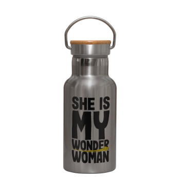 She is my wonder woman, Μεταλλικό παγούρι θερμός (Stainless steel) Ασημένιο με ξύλινο καπακι (bamboo), διπλού τοιχώματος, 350ml