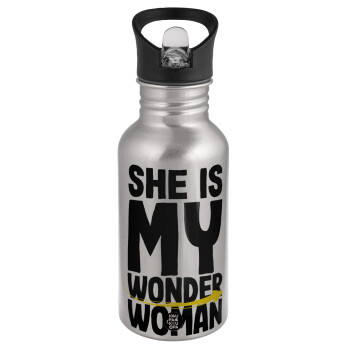 She is my wonder woman, Water bottle Silver with straw, stainless steel 500ml