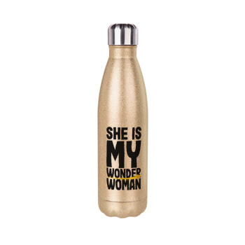 She is my wonder woman, Glitter gold stainless steel thermos bottle, double-walled, 500ml