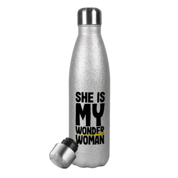 She is my wonder woman, Μεταλλικό παγούρι θερμός Glitter Aσημένιο (Stainless steel), διπλού τοιχώματος, 500ml