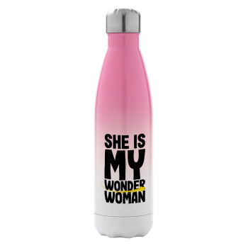 She is my wonder woman, Metal mug thermos Pink/White (Stainless steel), double wall, 500ml