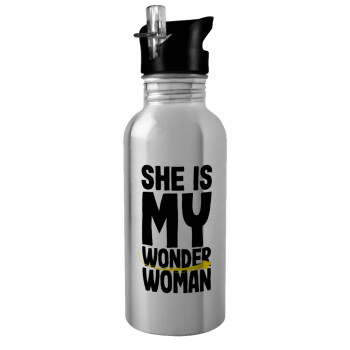She is my wonder woman, Water bottle Silver with straw, stainless steel 600ml