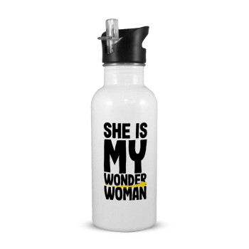 She is my wonder woman, White water bottle with straw, stainless steel 600ml